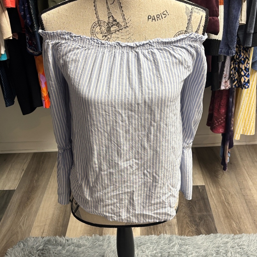 Embroidered Blue Striped Off-Shoulder Blouse